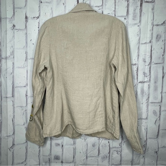Caite Embroidered Linen Jacket Size L Floral Utility Boho Pockets Button Western - Picture 2 of 8